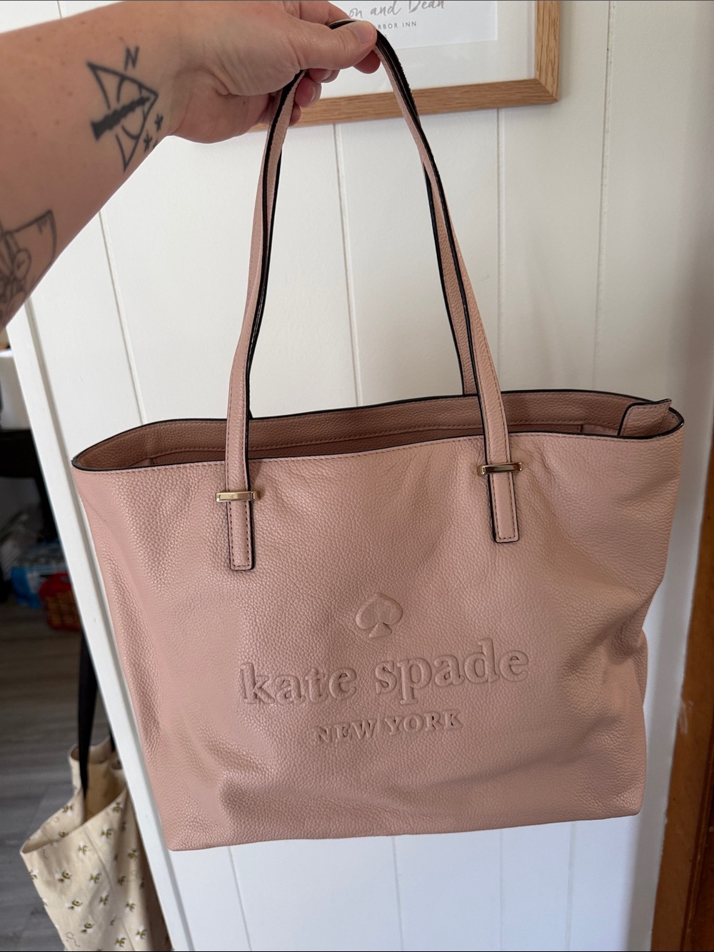 kate spade Blush Leather Embossed Logo Tote in Dusty Pink